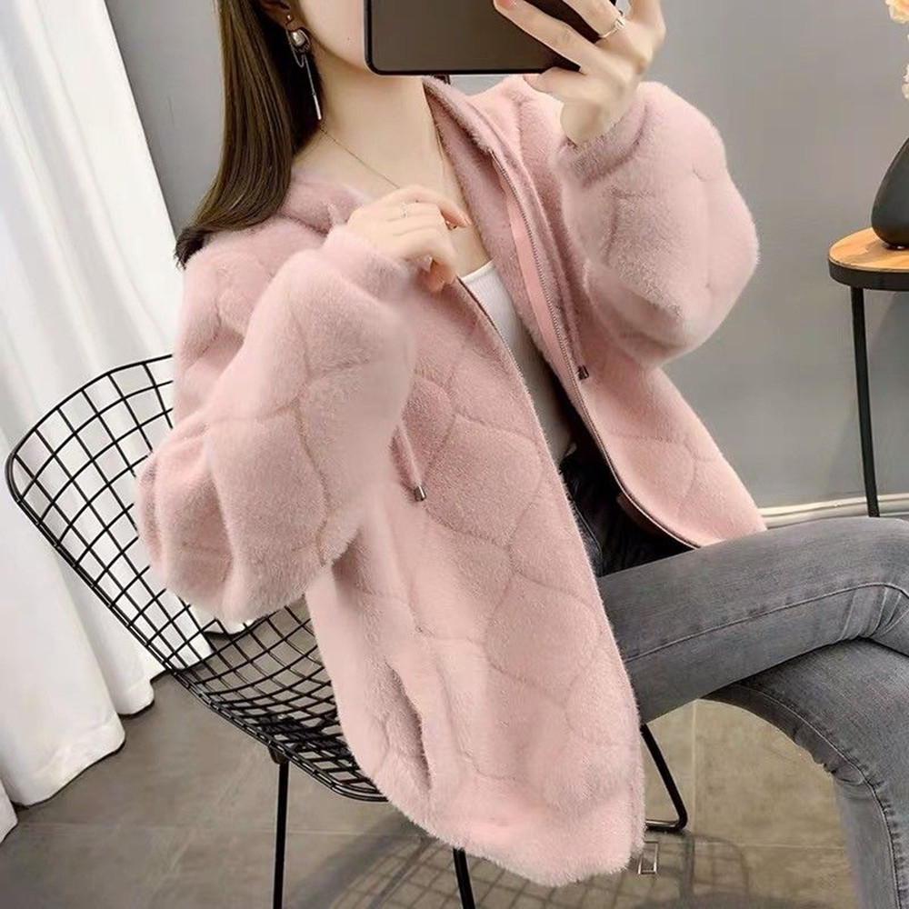 水貂绒拉链连帽针织开衫外套女