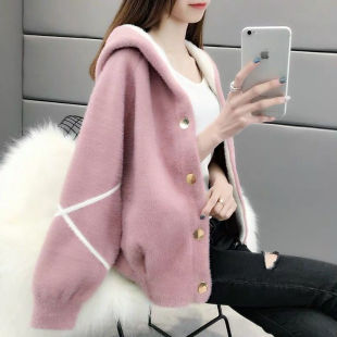 女士水貂绒针织外套2025春秋新款短款连帽上衣宽松洋气百搭开衫女
