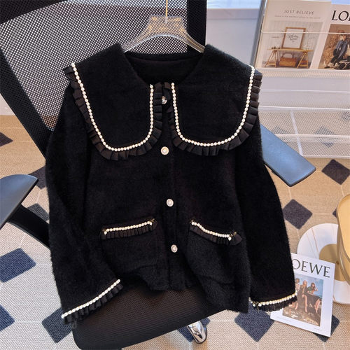 小香风短款水貂绒针织开衫外套女