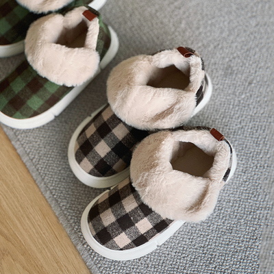 高帮复古格子棉拖鞋女款秋冬季室内家居加绒保暖包跟外穿防滑男士
