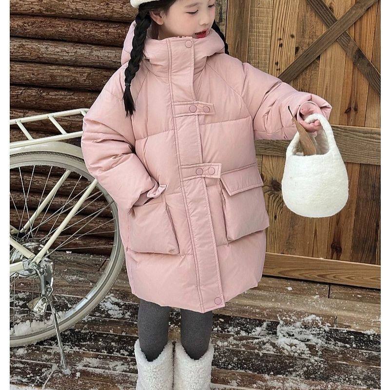 中大童女童2025新款中长款韩版棉服糖果色洋气加厚外套