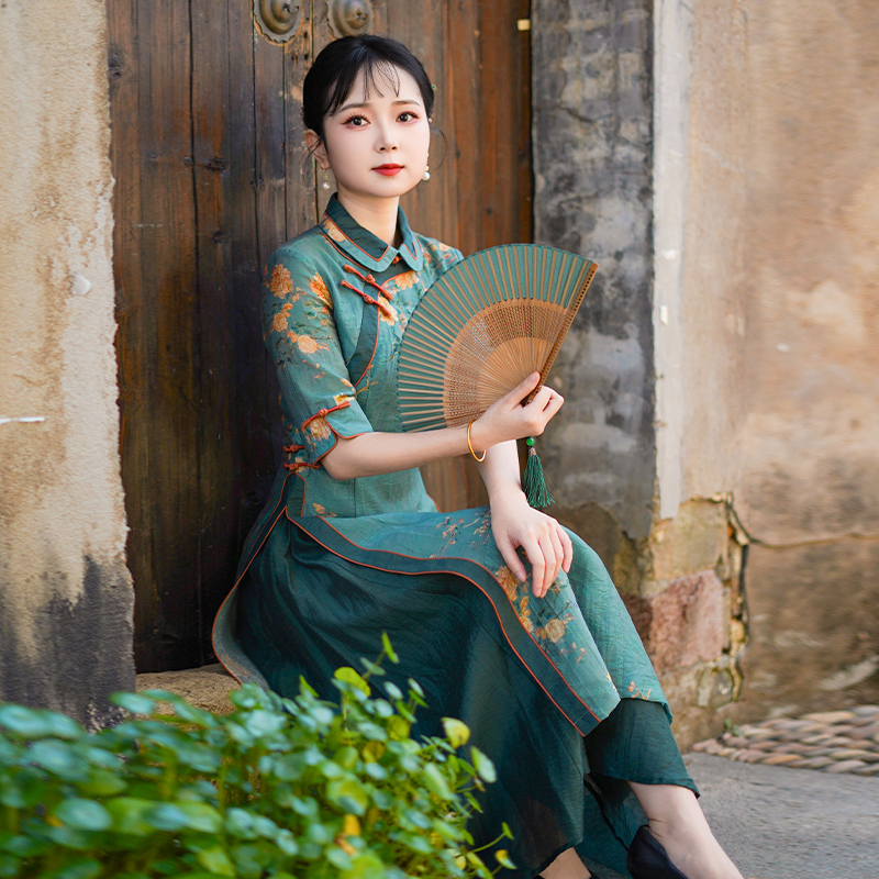 如意风夏季新款新中式连衣裙修身收腰漂亮长款奥黛送考旗袍25R588