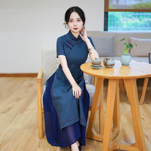 如意风新中式连衣裙修身收腰夏季新款漂亮长款奥黛改良旗袍26R702
