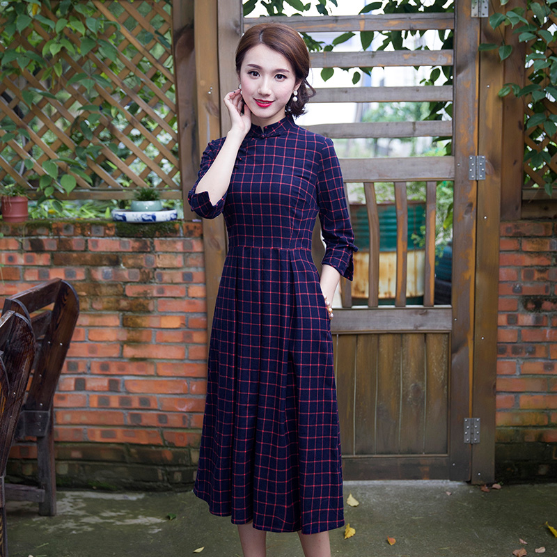 如意风秋季改良版旗袍连衣裙复古中袖格子长款文艺棉质民族风女装
