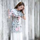 短袖 上衣改良旗袍年轻款 茶服复古盘扣民族禅服 女夏中式 如意风唐装