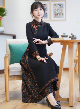 如意风奥黛旗袍连衣裙女收腰长款年轻民国复古民族风裙子 23J279