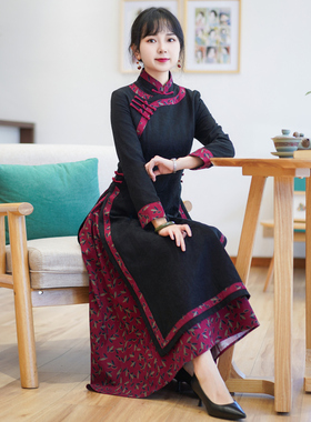 如意风改良奥黛旗袍年轻款妈妈秋冬新款中国风女装连衣裙 23J278