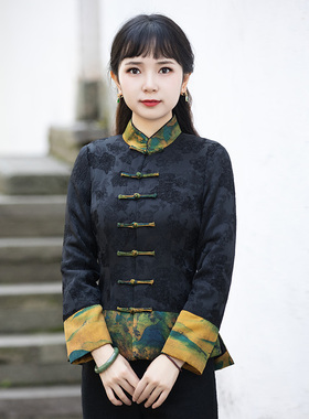 如意风改良唐装棉服女冬装中国风棉袄上衣黑色复古外套中式妈妈装