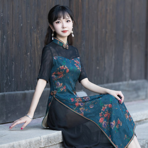 如意风奥黛旗袍中国风连衣裙女夏收腰显瘦休闲气质日常可穿裙子