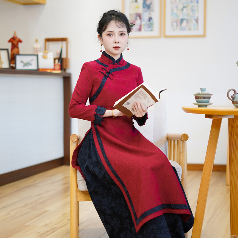 如意风新款中国风红色奥黛旗袍裙端庄大气高级感妈妈婚宴装26R005