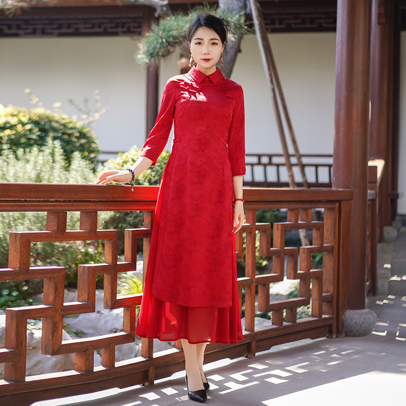 如意风春季新款高级收腰显瘦中国风红色奥黛旗袍气质连衣裙25R572
