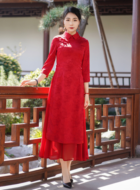 如意风春季新款高级收腰显瘦中国风红色奥黛旗袍气质连衣裙25R572