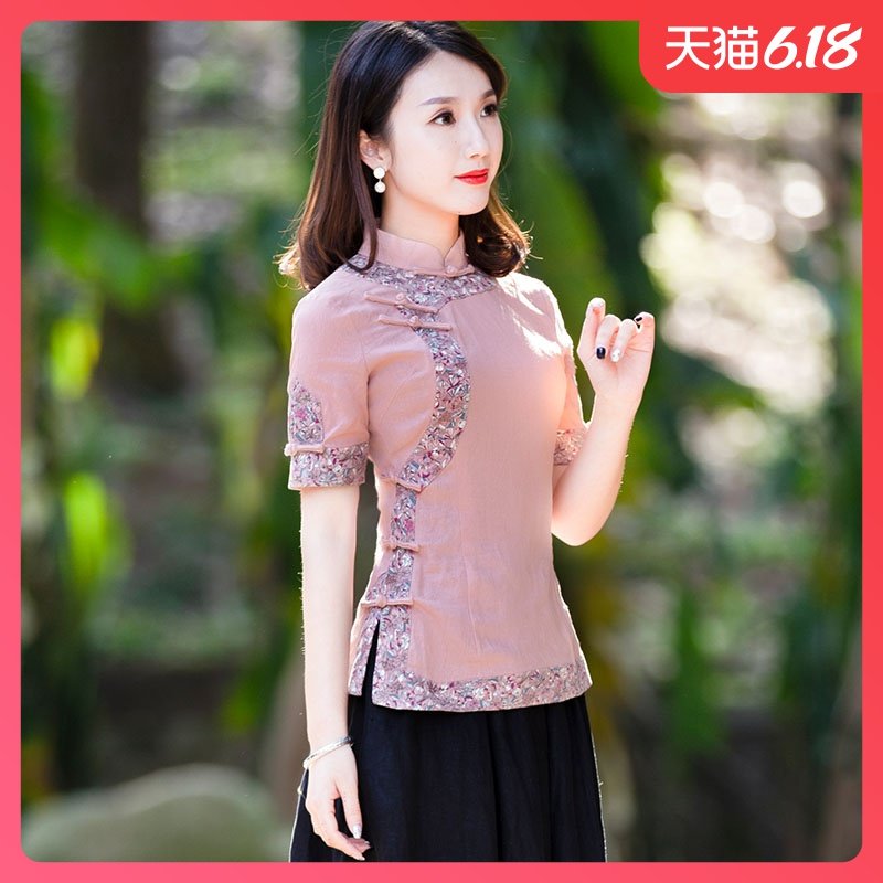 棉麻上衣女唐装中国风复古风改良短袖古装汉服套装两件套女装夏