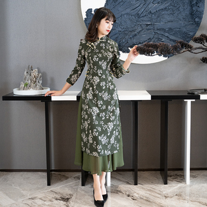 如意风改良版旗袍连衣裙日常文艺复古雪纺长袖奥黛款中国风女装
