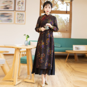 如意风长款 女收腰显瘦复古气质日常连衣裙23R168 改良奥黛旗袍新款