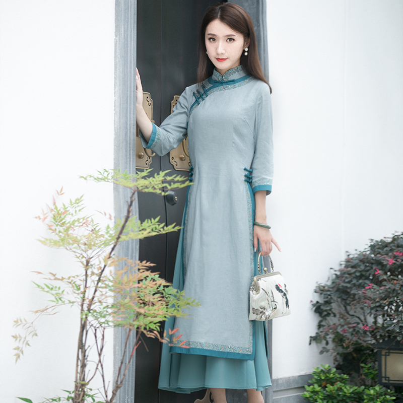 奥黛旗袍2021年春秋长袖盘扣