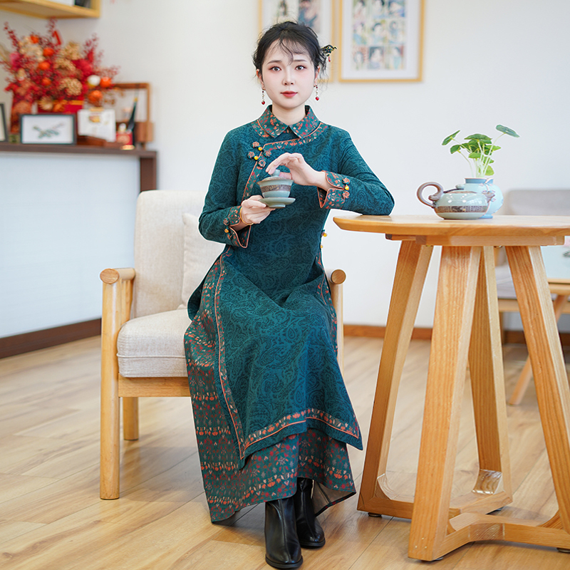 如意风新款高级收腰显瘦长款中国风奥黛改良旗袍气质连衣裙26R003