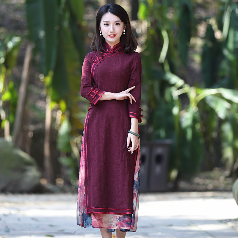 奥黛款旗袍改良版连衣裙年轻款中式女装日常可穿亚麻长款旗袍裙