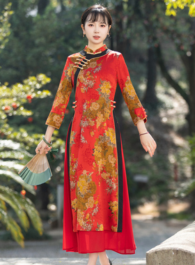 如意风越南旗袍秋季改良奥黛连衣裙女装休闲复古年轻款裙子23R004