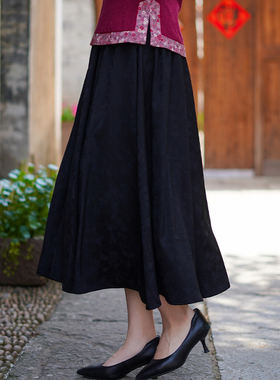 如意风夏季新款新中式时尚优雅半身裙国风黑色百搭修身裙子25J218