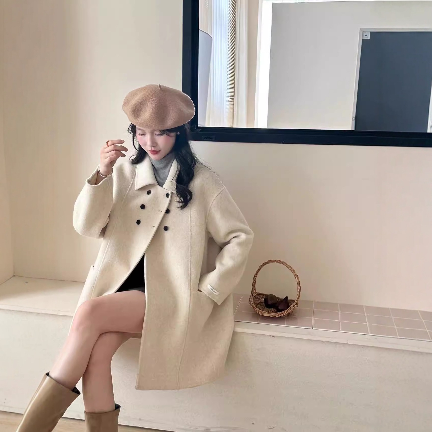 2025新款手缝双面羊毛大衣女中长款秋冬韩系通勤Polo领休闲外套