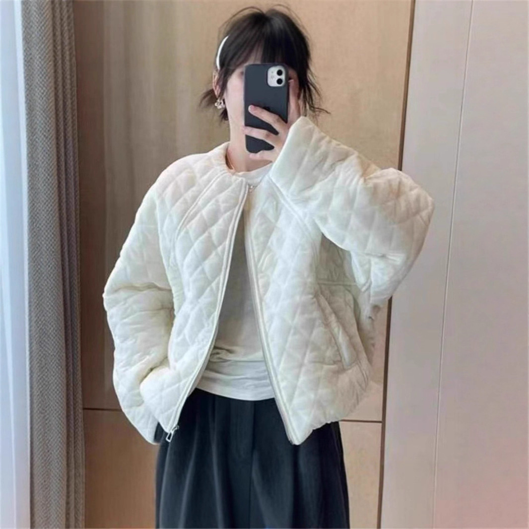 韩系圆领菱形格棉服外套2025冬季新款宽松百搭保暖棉衣