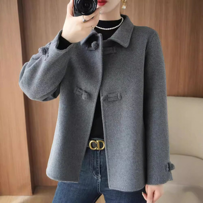 新中式双面羊绒大衣女秋冬新款娃娃领短款小个子100%羊毛呢外套女