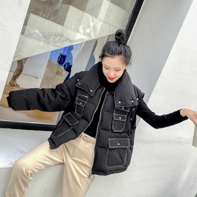 短款两穿工装羽绒服女2020年冬季新款宽松时尚百搭加厚白鸭绒外套