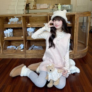 2025新款韩系毛呢粉色减龄背带连衣裙子女秋冬款穿搭波点打底套装
