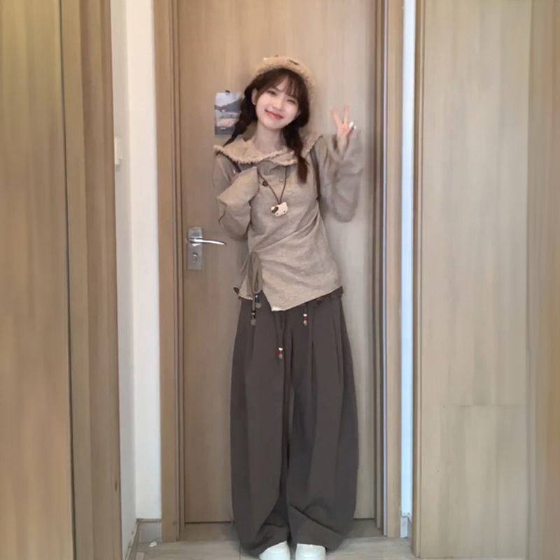 学院风美拉德复古毛边翻领套装