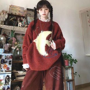 秋冬设计感日系复古圈圈纱仿貂毛手绘氛围感飞鸟提花针织衫毛衣女