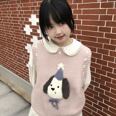 日系学院风可爱小狗提花马甲套装