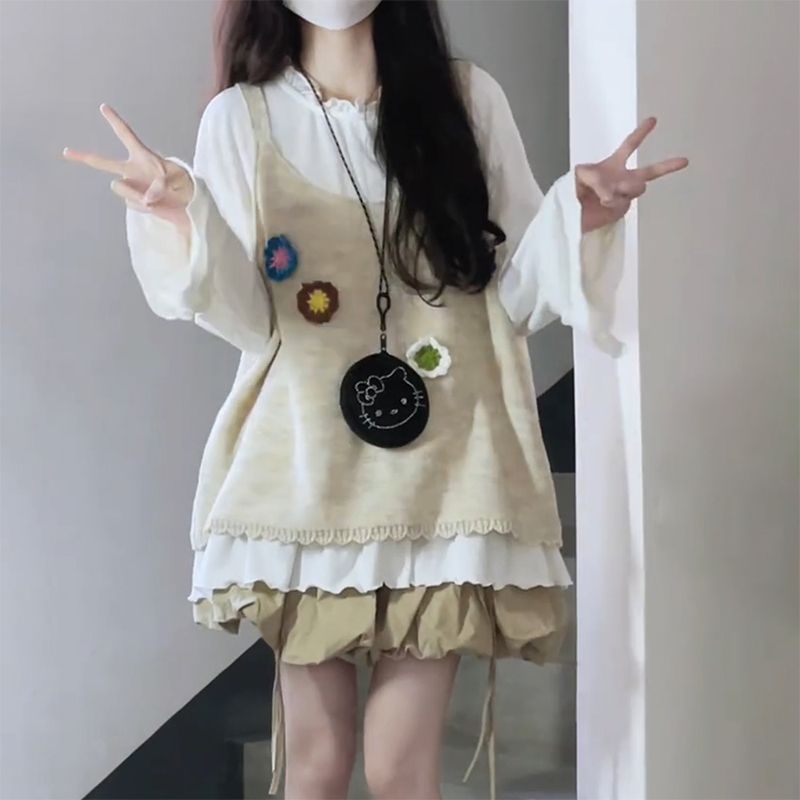 韩系减龄甜美风花边长袖衬衫叠穿花朵套头针织坎肩马甲两件套装女