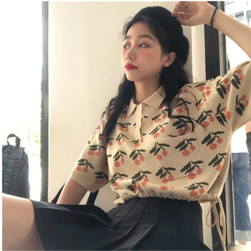 网红t恤女ins超火学生日系短袖polo针织衫短款复古港风Chic上衣服
