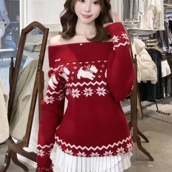 甜美风费尔岛提花毛衣女冬季2025复古圣诞氛围感一字肩针织衫毛衫,女装/女士精品,毛针织衫,淘宝优惠券,粉丝福利购,淘宝优惠卷