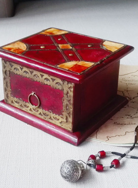 印度特色手工木制品古朴喜庆深红色铜雕花牦牛骨古旧首饰收纳盒