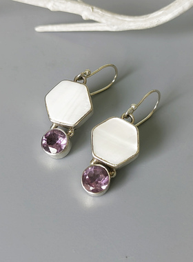 纯银宝石贝壳紫水晶宝石耳环现货