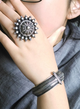 印度古典宫廷霸气风雕花银戒指