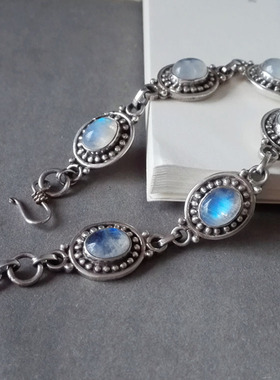 印度纯银质感蓝色宝石现货手链