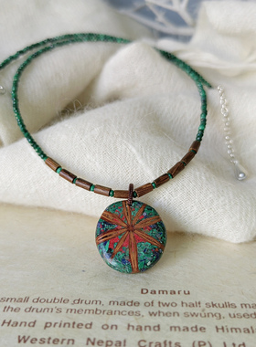 艺术首饰石中花淡香独特个性小众木与宝石设计圆形双面吊坠项链女