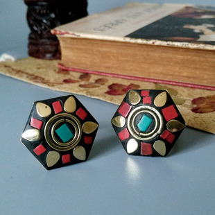 印度尼泊尔藏式民族风首饰个性五边形铜镶松石红宝石太阳花戒指女