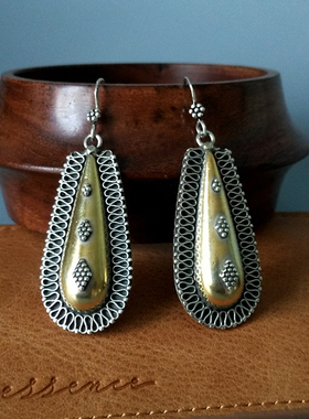 现货欧美个性INS925纯银鎏金复古精致质感水滴形花丝银耳环女