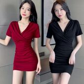 交叉V领性感连衣裙收腰修身 紧身包臀裙子 店女装 显瘦春秋款 褶皱夜