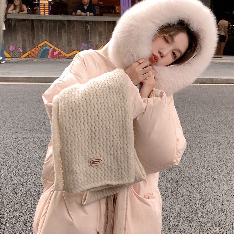 粉色大毛领过膝加厚保暖棉服女