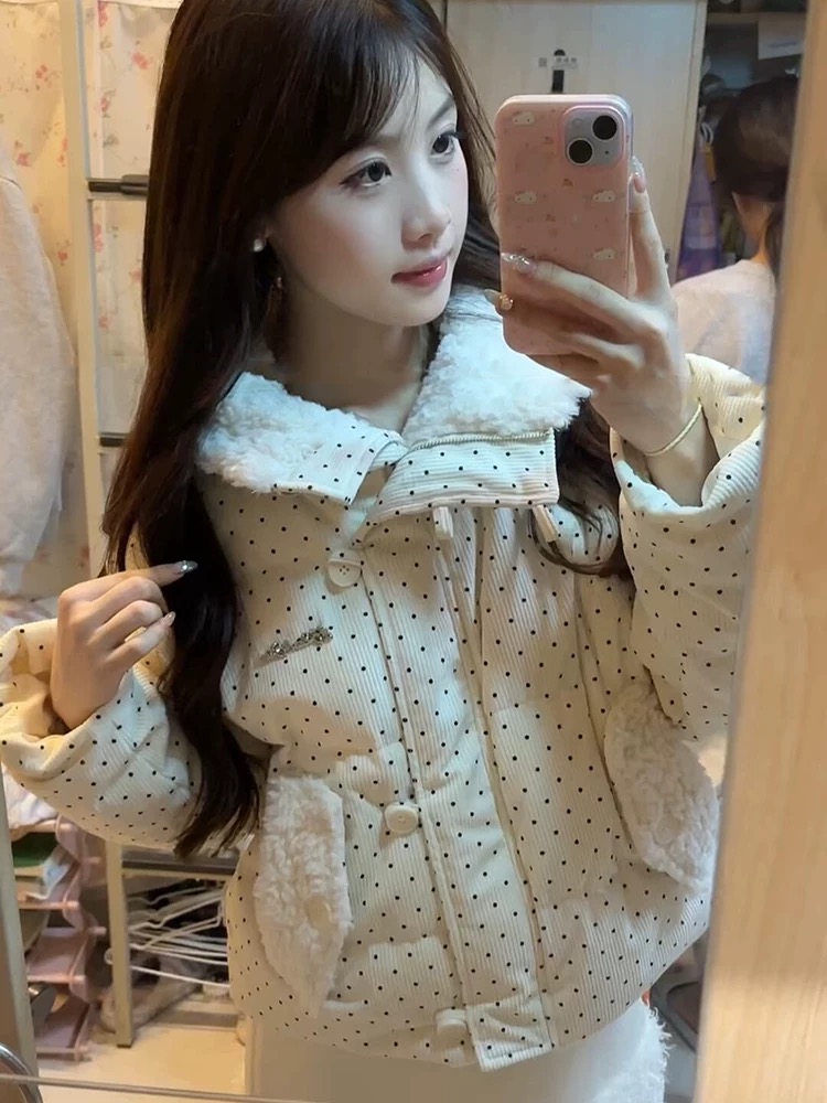 独特超好看短款白色波点羽绒服女冬季2025新款小个子加厚棉服棉袄