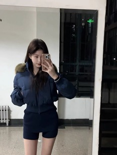 145小矮个子藏青色大毛领连帽羽绒棉服女冬季新款收腰加厚棉衣女