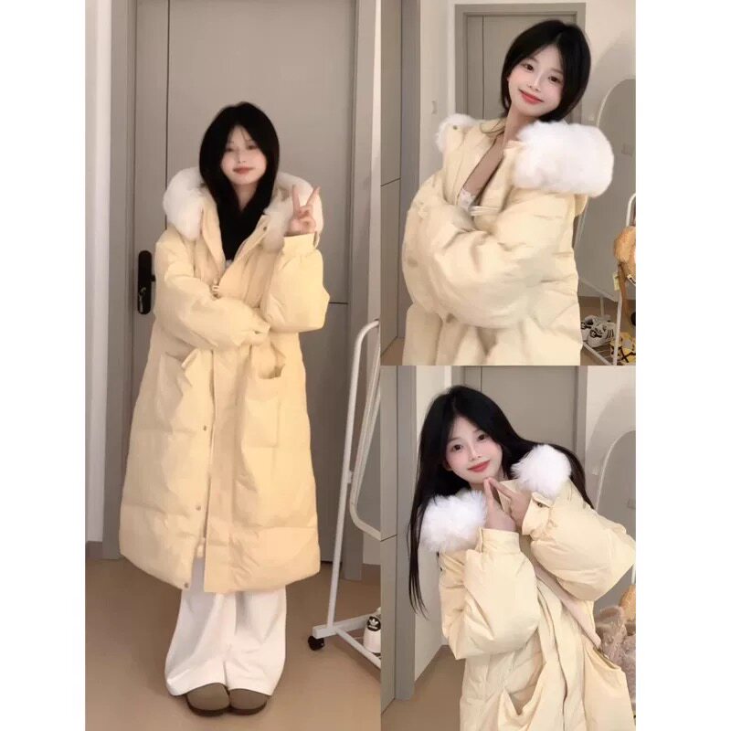 韩系高级感甜美长款毛领羽绒棉服女冬季宽松保暖加厚连帽棉袄外套