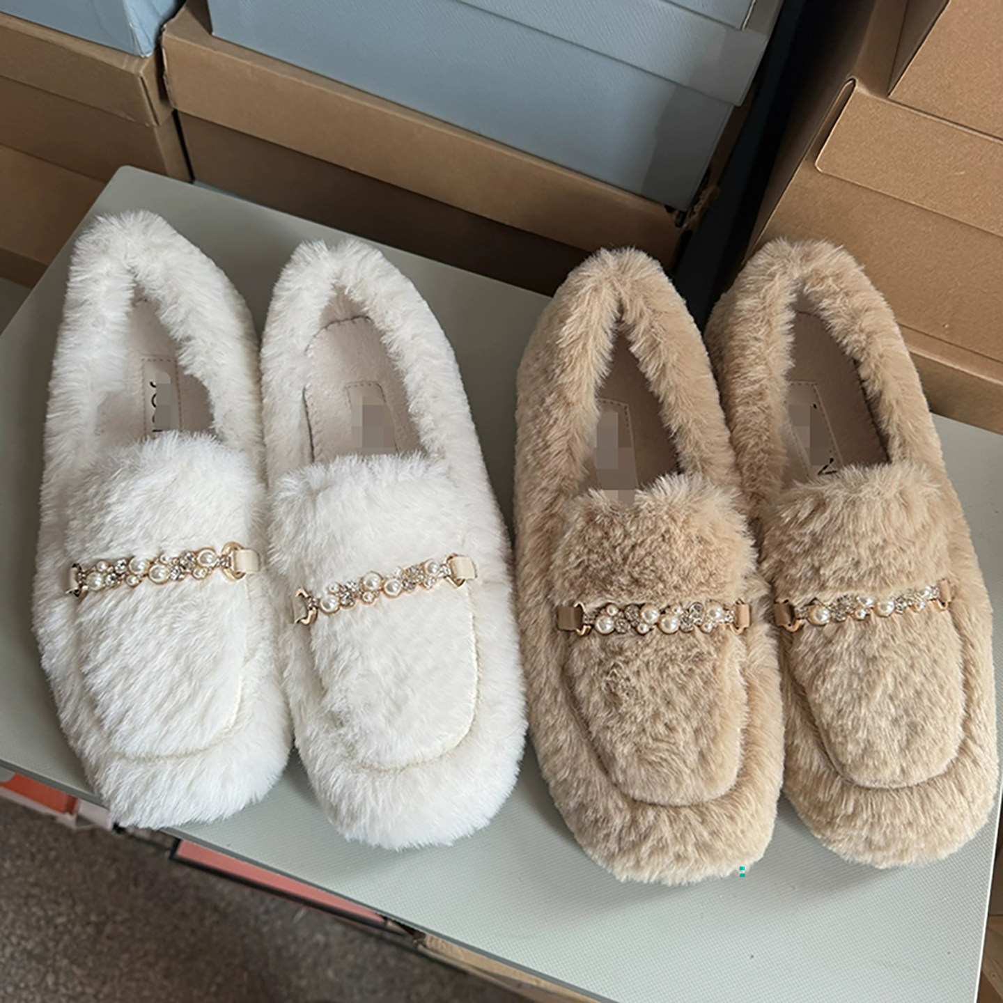 断码捡漏~毛毛豆豆鞋女一脚蹬乐福鞋珍珠链条装饰百搭外穿平底鞋