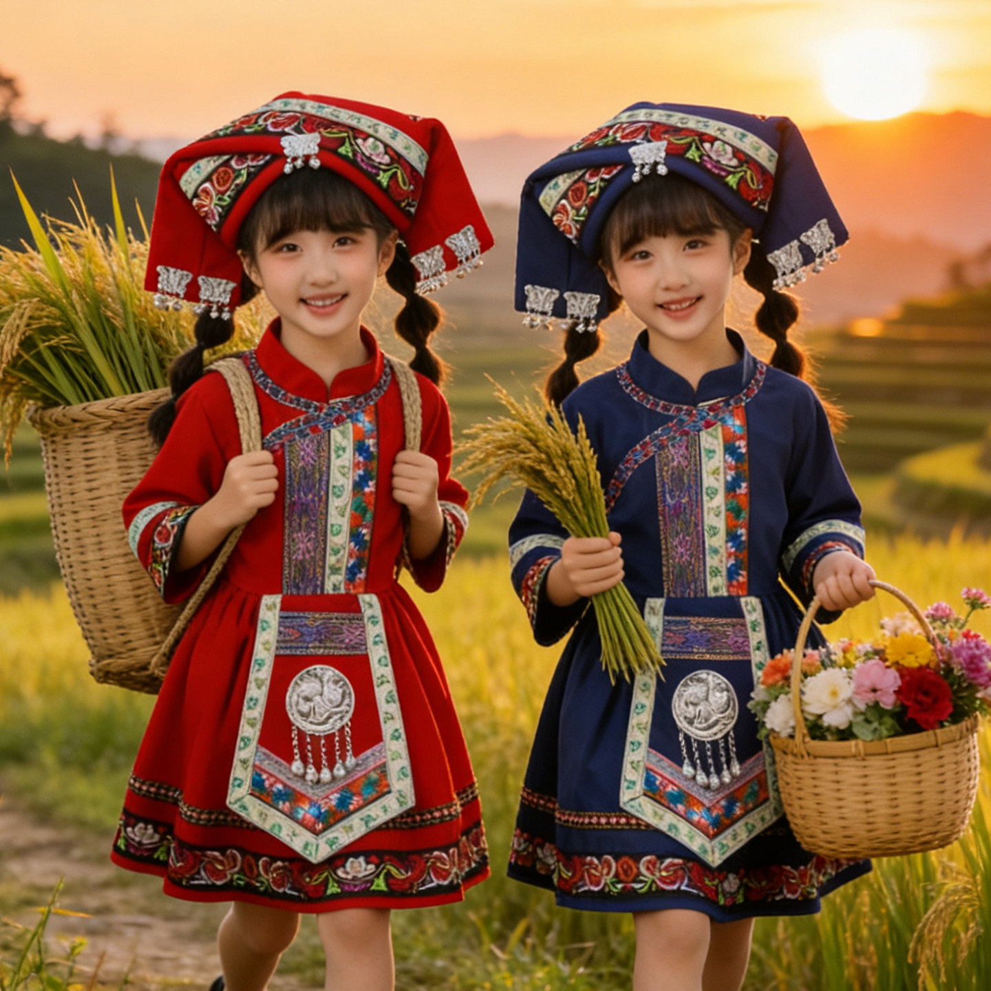 吉量采茶刘三姐又见三月三儿童民族风演出服女童长袖舞蹈服装透气