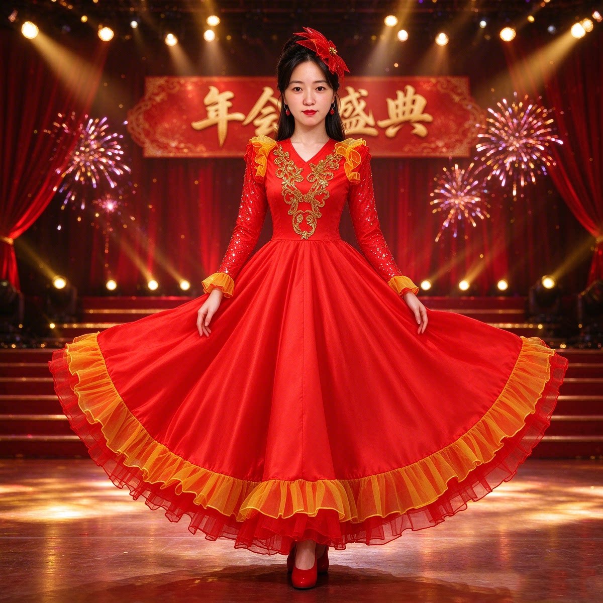 万疆映山红中国梦舞台大摆裙